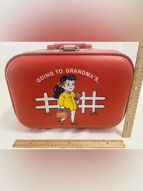 Vintage "Going to Grandma's" Red Kids Vinyl Train Case. Minor signs of age